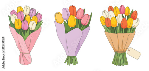 Three Colorful Tulip Bouquets Wrapped in Different Colors