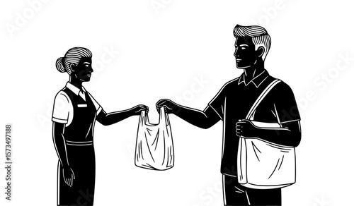 A shopper receives their purchase in a plastic bag from a store clerk in this black and white sketch.