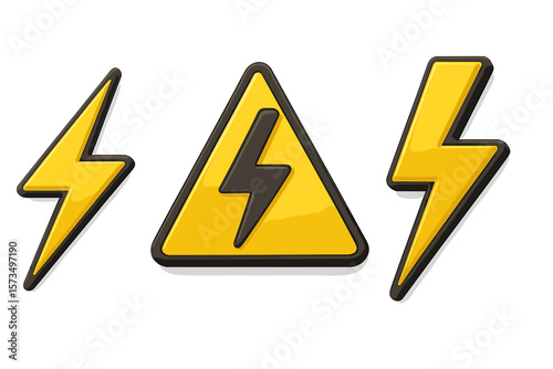 High voltage warning sign. Danger of electric shock symbol. 3D lightning bolt icon set. Electricity power and energy concept. Yellow thunder flash vector isolated illustration.