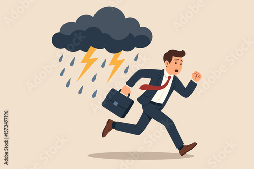 Businessman running from storm cloud, lightning, rain. Escape from crisis, disaster, bankruptcy, failure, overwork, anxiety, work stress, misfortune, danger, risk concept
