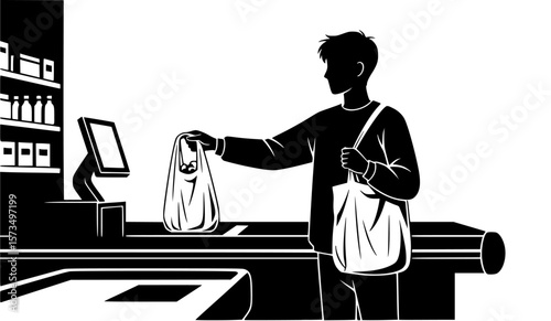 Person at supermarket checkout counter placing grocery bag for scanning with shopping bag.