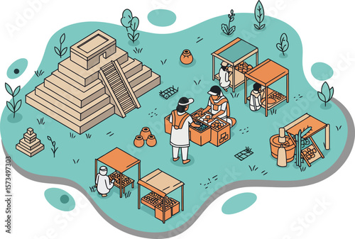 Ancient Mayan Market Scene with Pyramid and Traditional Costumes Vector Illustration 