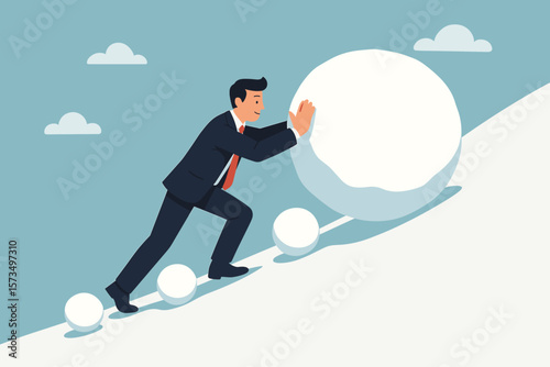 Snowball effect business growth risk concept. Businessman investor rolling large snowball uphill. Financial accumulation, investment mistake, consequences, buildup metaphor.