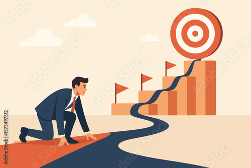 Businessman poised for success, career journey to achievement, overcoming challenges, entrepreneurship, reaching goals, target, professional growth, milestone motivation concept