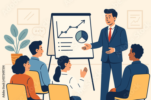 Business seminar training, corporate workshop, team learning session, professional coaching, manager presenting growth strategy, staff development, office meeting concept