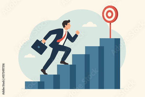 Businessman climbing career ladder to target. Success stairs, achievement, growth, ambition, goal setting, professional development, business challenge, motivation, opportunity concept