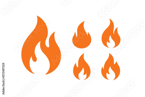 Fire flame icon set. Simple flat vector illustration. Hot heat symbol collection. Danger warning sign. Energy power concept. Burn bonfire silhouette. Flammable logo element.