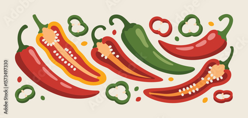 Colorful Chili Peppers and Bell Peppers Illustration