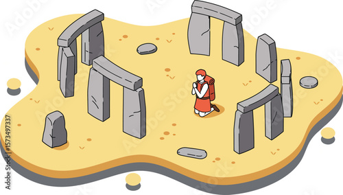 Ancient stone circle with druid figure standing inside historic ritual site vector illustration 