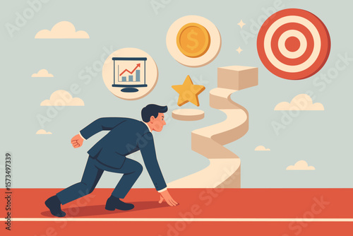 Businessman poised at starting line, symbolizing new business journey, career milestones, entrepreneurship, overcoming challenges, achieving goals, success, and target concept