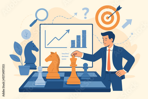 Business strategy planning, marketing analysis, decision making, competition tactics, target achievement, chess metaphor, businessman, data-driven success, leadership concept
