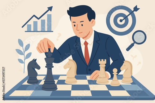 Business strategy planning concept. Businessman playing chess, making tactical decisions. Marketing analysis, goal achievement, competition, leadership, data-driven solutions.