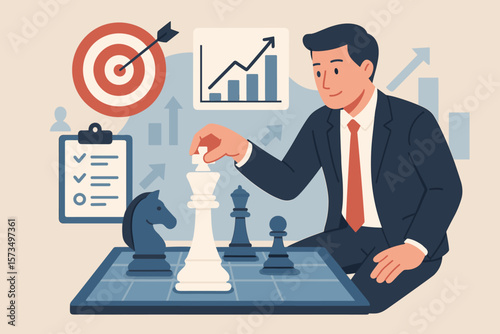 Business strategy planning, decision making, marketing analysis, achieving goals, competition tactics, target success, leadership, chess metaphor, growth, businessman concept