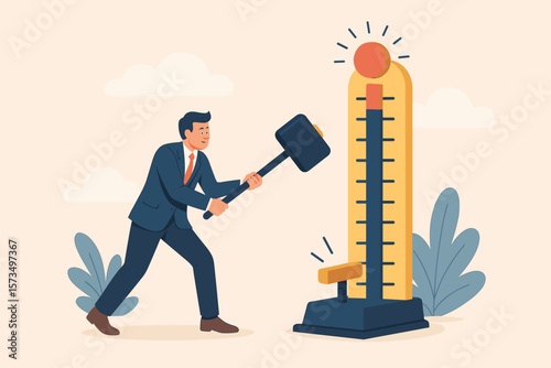 Businessman using strength tester to measure performance, KPI key performance indicator, success achievement, winning score, motivation, business goal evaluation concept