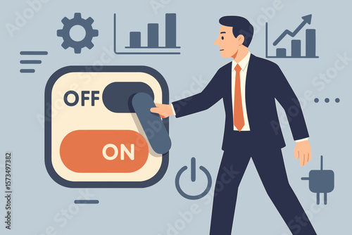 Businessman Turning Off Power Switch, Saving Energy, Analytics Control Panel, Electricity Shutdown, Eco-Friendly Office, Power Off Setting, Energy Conservation Concept