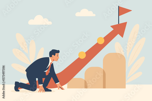 Businessman poised for success, career growth, entrepreneurship challenge, startup journey, achieving goals, overcoming obstacles, business milestone, upward progress concept