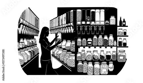 Woman shops for eco-friendly items in a bulk store, illustrating a zero waste lifestyle with sustainable products.