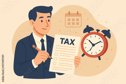 Tax time reminder, income tax planning, government payment deadline, financial refund schedule, revenue calculation, businessman holding pencil and tax document, calendar and alarm clock