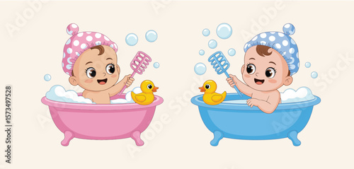 Cute Baby Boys and Girls Taking a Bath
