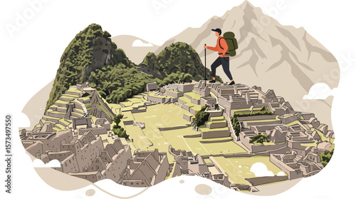Machu Picchu hiking adventure with traveler exploring ancient Inca ruins in mountainous landscape vector illustration 