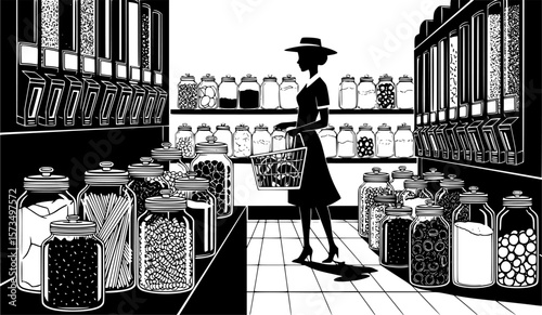 A woman shops at a zero waste store, filling her basket with bulk food items in reusable jars
