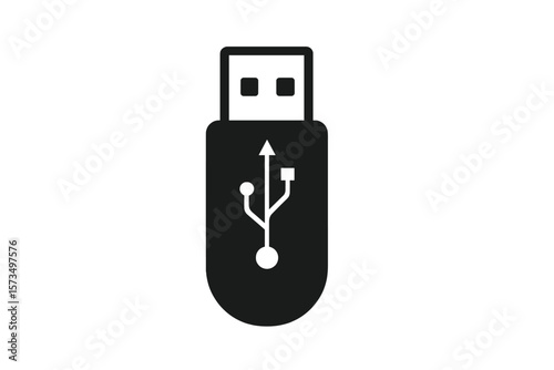 USB Flash Drive Icon. Black and White Vector Illustration. Data Storage Device Symbol. USB Stick Isolated on White Background. Technology, Memory, Portable Storage, Digital Transfer, Minimalist Design