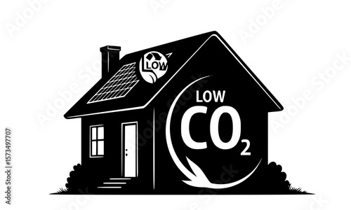 Illustration showcases a low CO2 house promoting sustainable living and environmental consciousness, featuring solar panels.