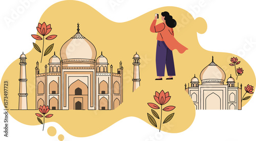 Taj Mahal monument vector illustration with woman and flowers in decorative yellow background 