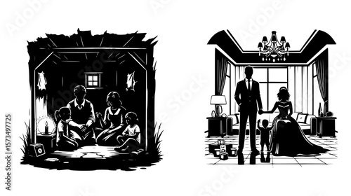 Contrasting family life depicts wealth and poverty, symbolizing inequality and economic disparity within society.