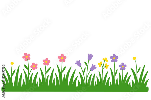 Simple grass and colorful flower border for spring or summer. Cute cartoon meadow background design. Floral nature lawn illustration. Vector graphic element isolated on png.