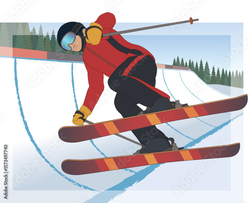 half-pipe skiing, male skier performing a trick maneuver going down the pipe with outdoor background