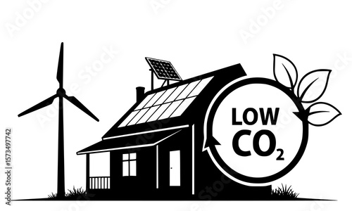 Clean energy home showcases solar panels and a wind turbine for a low carbon footprint lifestyle promoting green living.