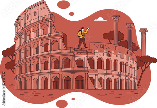 Colosseum ancient Roman landmark illustration with traveler exploring historic architecture building vector art 