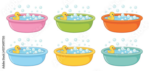 Cute Rubber Ducks Taking a Bath in Colorful Plastic Tubs