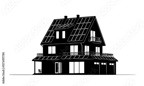 Modern house with solar panels showcasing sustainable design and energy efficiency in a sleek architectural style