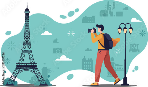 Tourist man photographing Eiffel Tower landmark Paris travel sightseeing vector illustration 