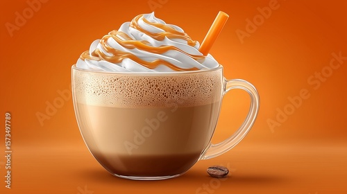 Creamy caramel latte topped with whipped cream and a straw