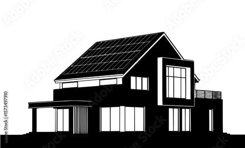Modern residence showcasing sustainable living with rooftop solar panels and sleek architectural design creating clean energy.