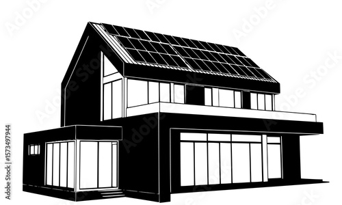Modern home design with solar panels providing sustainable energy for an efficient eco-friendly house in a minimalist black and white style.