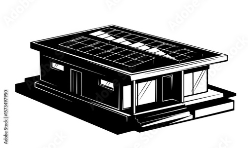 Modern black and white house design showcasing solar panels and minimalist architecture for eco friendly living.