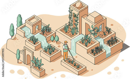 Isometric urban rooftop garden with plants and trees in beige and green colors vector illustration 