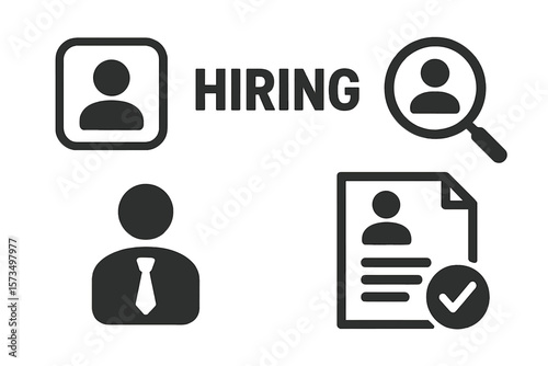 Hiring and recruitment icon set. Human resources concept. Finding a job candidate, searching for employees. CV resume and application review. Staffing and personnel management.