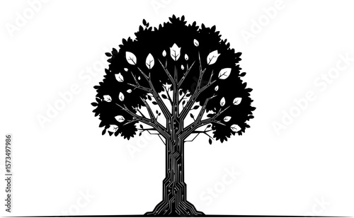 A silhouette tree with leaves on a white background presents nature's simple elegance, ideal for ecology and design themes.