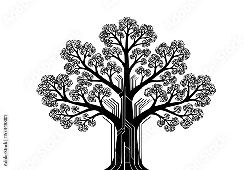 Circuit tree illustration showcasing technology and nature combining for creative designs in black and white.