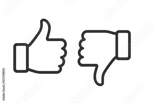 Thumbs Up and Down Outline Icons, Like Dislike Feedback Buttons, Good Bad Choice Symbol, Social Media Rating, Approval Rejection Concept, Vector Isolated on Transparent Background