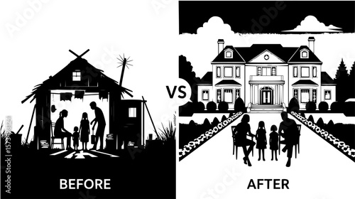 Illustration showcasing the concept of poverty versus wealth, depicting families and their homes to visualize social class inequality.