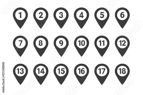 Location pin icon set with numbers from one to twenty. Map marker, pointer symbol collection for navigation or GPS. Destination, waypoint signs for route. Infographic elements.