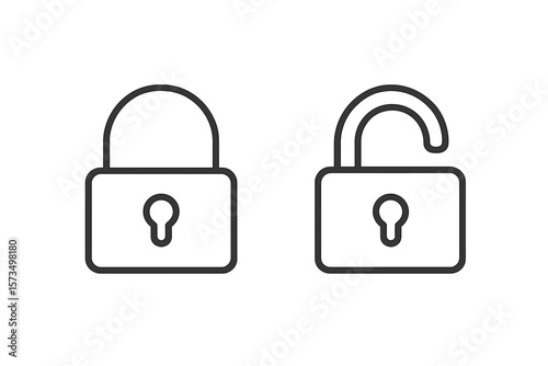 Lock icon set with locked and unlocked padlock. Black outline symbol for app, ui, ux and website. Concept for security, privacy, safety, access, protection and password.