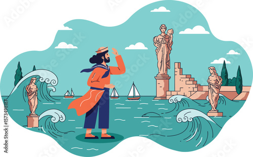 Ancient statue sightseeing by traveler in orange coat with sea waves and sailboats vector illustration 