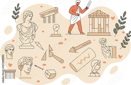 Ancient Greek Architecture and Sculpture Elements with Classical Temple and Philosopher Illustration 